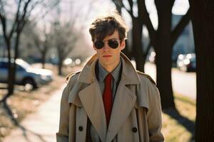 uma jovem homem dentro uma trincheira casaco e vermelho gravata em pé em uma calçada generativo ai foto