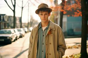 uma jovem homem dentro uma trincheira casaco e chapéu em pé em uma rua generativo ai foto