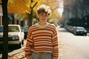 uma jovem homem dentro uma listrado suéter em pé em uma rua generativo ai foto
