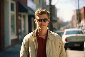 uma jovem homem dentro oculos de sol em pé em uma cidade rua generativo ai foto
