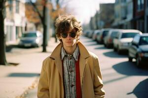 uma jovem homem vestindo oculos de sol e uma casaco em pé em uma rua generativo ai foto