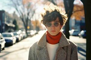 uma jovem homem vestindo oculos de sol e uma suéter em pé em uma rua generativo ai foto
