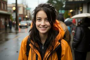 uma jovem mulher dentro a laranja capa de chuva sorrisos para a Câmera generativo ai foto