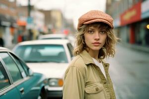 uma jovem mulher vestindo uma chapéu em uma cidade rua generativo ai foto