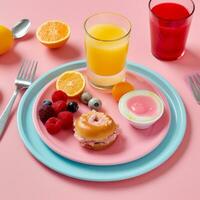 delicioso café da manhã com frutas e bagas foto