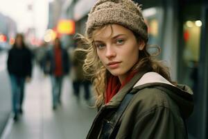 uma jovem mulher com uma gorro em pé em uma cidade rua generativo ai foto