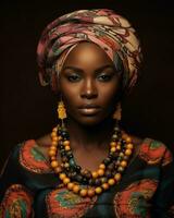 a africano mulher vestindo uma colorida lenço de cabeça e colar generativo ai foto
