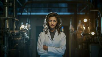 retrato do uma fêmea cientista dentro laboratório casaco em pé com cruzado braços e olhando às Câmera. foto