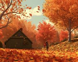 a animado cena do uma casa cercado de outono folhas generativo ai foto