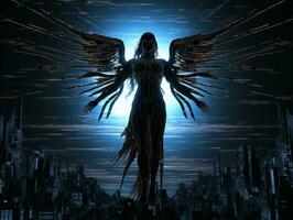 a anjo com asas em pé dentro frente do uma cidade às noite generativo ai foto