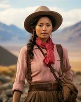 a ásia mulher vestindo uma chapéu e uma Rosa camisa dentro a deserto generativo ai foto