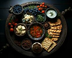 a sortimento do Comida em uma de madeira prato generativo ai foto