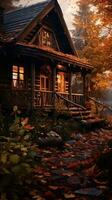 a outono cena com uma registro cabine dentro a madeiras generativo ai foto