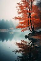 a outono árvore é refletido dentro a água em uma nebuloso dia generativo ai foto