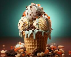 a gelo creme cone com chocolate salgadinhos e gelo creme generativo ai foto