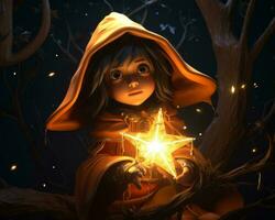 a ilustração do uma pequeno menina dentro a laranja capa segurando uma Estrela generativo ai foto