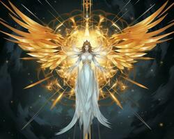 a imagem do uma dourado anjo com asas generativo ai foto