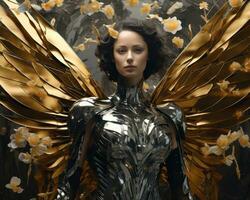 a imagem do uma mulher vestido dentro ouro com asas generativo ai foto
