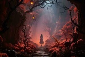 a imagem do uma mulher caminhando através uma Sombrio floresta generativo ai foto