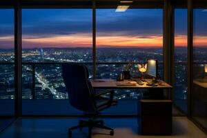 a escritório com uma escrivaninha e cadeira dentro frente do uma janela com uma Visão do a cidade generativo ai foto