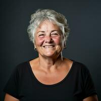 a Mais velho mulher dentro uma Preto camisa sorridente às a Câmera generativo ai foto