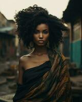 lindo africano mulher com afro cabelo generativo ai foto