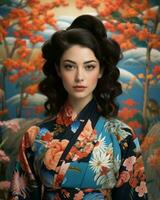 lindo ásia mulher dentro quimono generativo ai foto