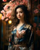 lindo ásia mulher dentro quimono posando dentro frente do cereja flores generativo ai foto