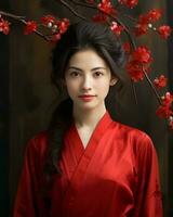 lindo ásia mulher dentro vermelho quimono com cereja Flor generativo ai foto