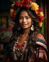 lindo mexicano mulher dentro tradicional vestir com flores dentro dela cabelo generativo ai foto