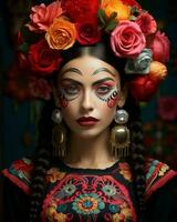 lindo mexicano mulher com colorida Maquiagem e flores dentro dela cabelo generativo ai foto