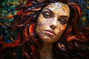 lindo mosaico retrato do uma mulher com vermelho cabelo generativo ai foto