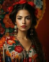 lindo mexicano mulher dentro tradicional vestir generativo ai foto