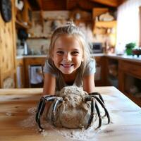 alegre menina jogando com aranha - dia das Bruxas preparação foto