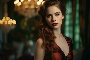 lindo ruiva mulher dentro uma vermelho vestir posando dentro frente do uma lustre generativo ai foto