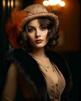 lindo mulher dentro Década de 1920 estilo chapéu e pele casaco generativo ai foto