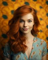 lindo ruiva mulher com grandes ondulado cabelo em amarelo fundo generativo ai foto