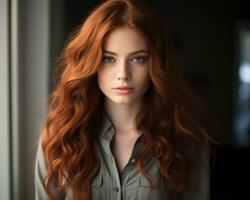 lindo ruiva mulher com grandes cabelo e azul olhos olhando às a Câmera generativo ai foto