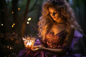 lindo mulher dentro uma roxa vestir segurando uma vela dentro a madeiras generativo ai foto