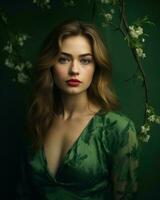 lindo mulher dentro verde vestir com flores em verde fundo generativo ai foto