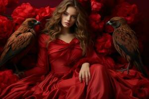lindo mulher dentro vermelho vestir cercado de pássaros generativo ai foto