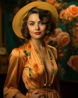 lindo mulher dentro amarelo vestir e chapéu posando dentro frente do floral papel de parede generativo ai foto