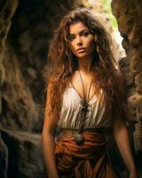 lindo mulher com grandes encaracolado cabelo em pé dentro uma caverna generativo ai foto