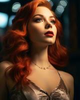 lindo mulher com vermelho cabelo posando dentro a Sombrio generativo ai foto