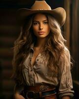 lindo jovem mulher dentro vaqueiro chapéu generativo ai foto