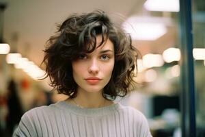 lindo jovem mulher com encaracolado cabelo olhando às a Câmera generativo ai foto