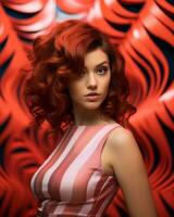 lindo jovem mulher com vermelho encaracolado cabelo em uma vermelho fundo generativo ai foto