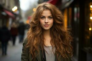 lindo jovem mulher com grandes vermelho cabelo em a rua generativo ai foto