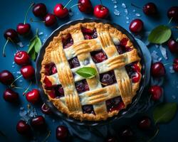 cereja torta com treliça em azul fundo generativo ai foto