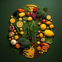 frutas e legumes arranjado dentro a forma do uma círculo generativo ai foto
